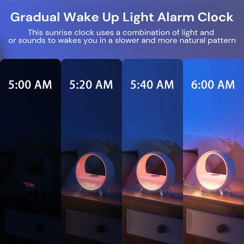 Arches Gradual Sunrise Alarm Clock w/ Wireless Charging for iPhone, White Noise for Sleeping, Bluetooth Speaker, Sound with Night Lights, Gift for Adults/Kids/Baby, Work with Alexa